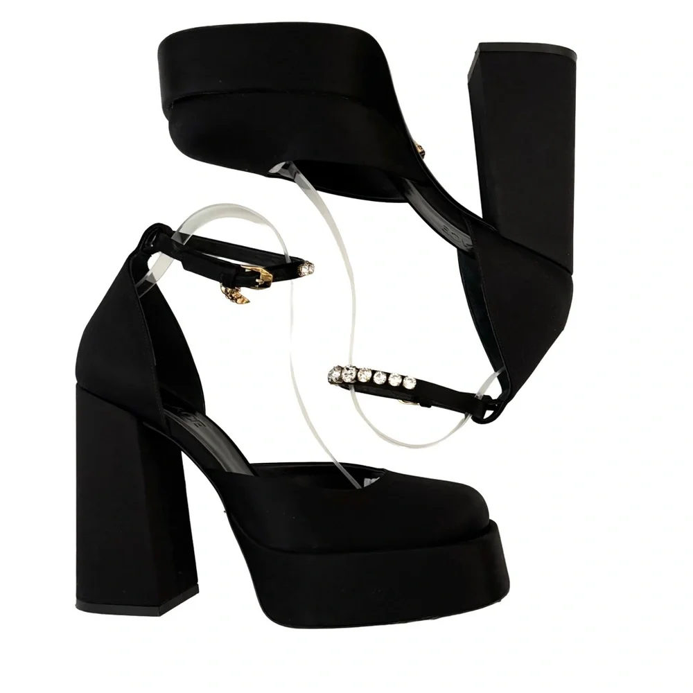 Versace Medusa Aevitas Black Satin Pumps Platform Crystal Heel EU 39.5 US 9.5
